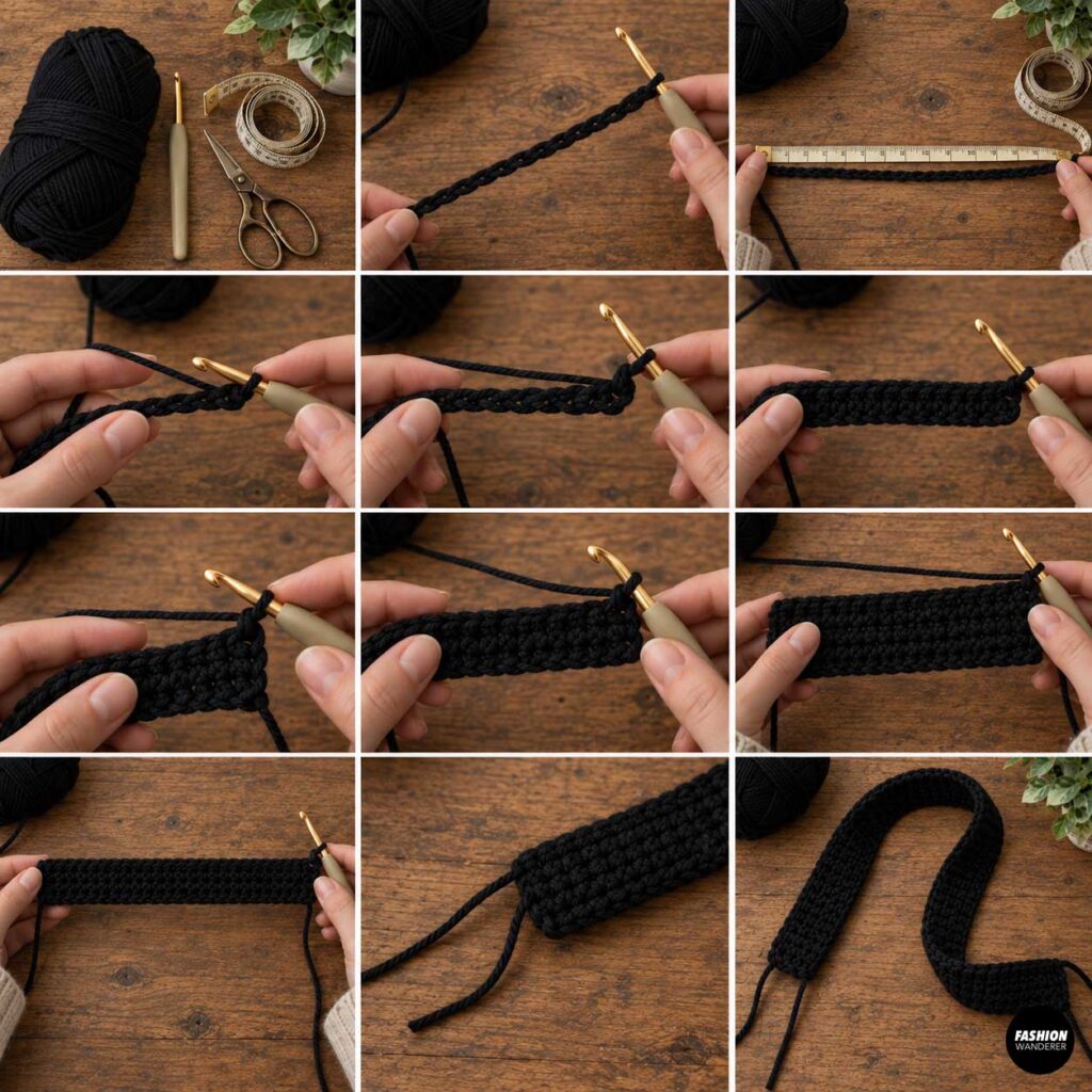 Step-by-step tutorial showing black yarn crocheted into a long, wide shoulder strap for a handmade cow print crochet bag.