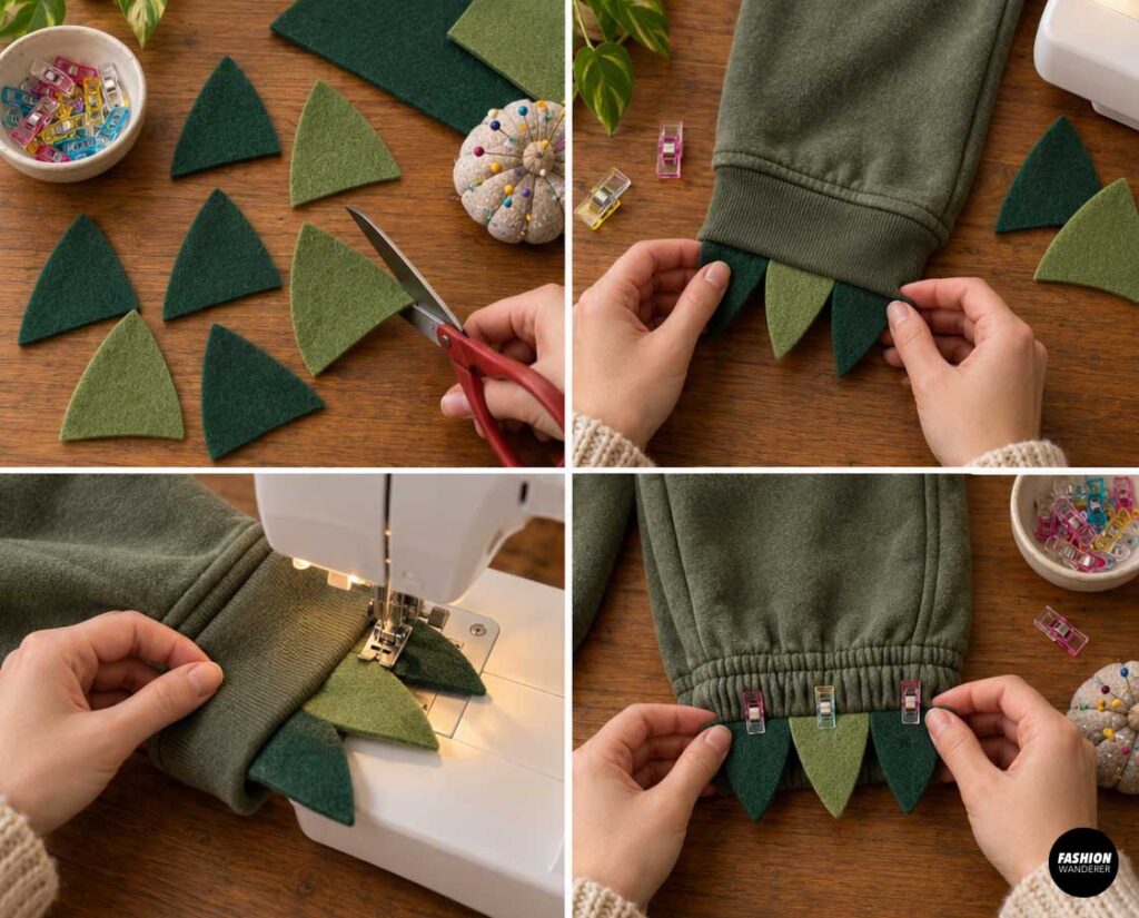Green felt triangles are cut into claw shapes, arranged under the sleeve cuffs, clipped, and stitched securely to create soft dinosaur claws at the wrists.