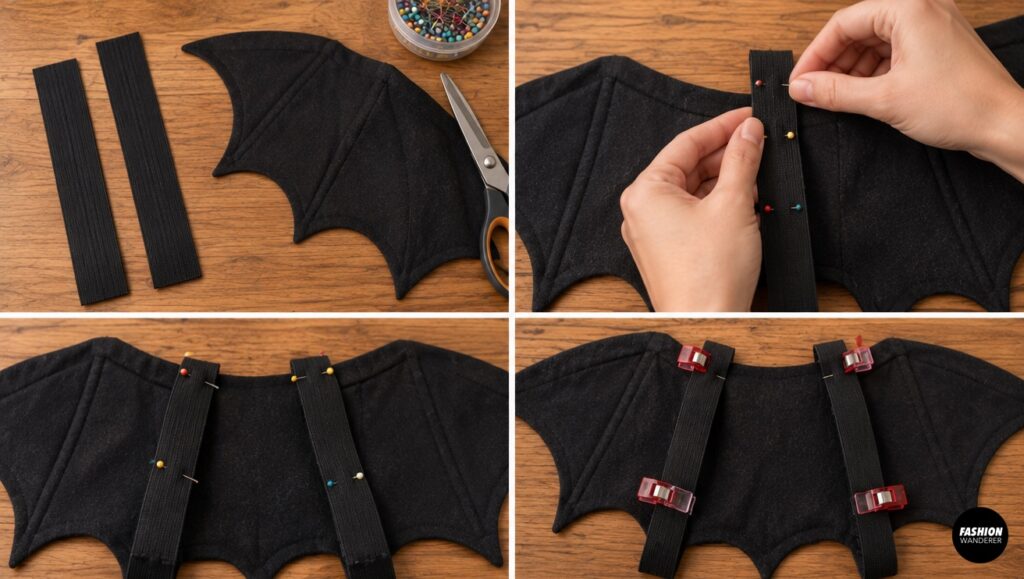 Collage showing two black elastic straps measured, pinned, and clipped vertically to the back of the finished black bat wings to form a simple dog harness.