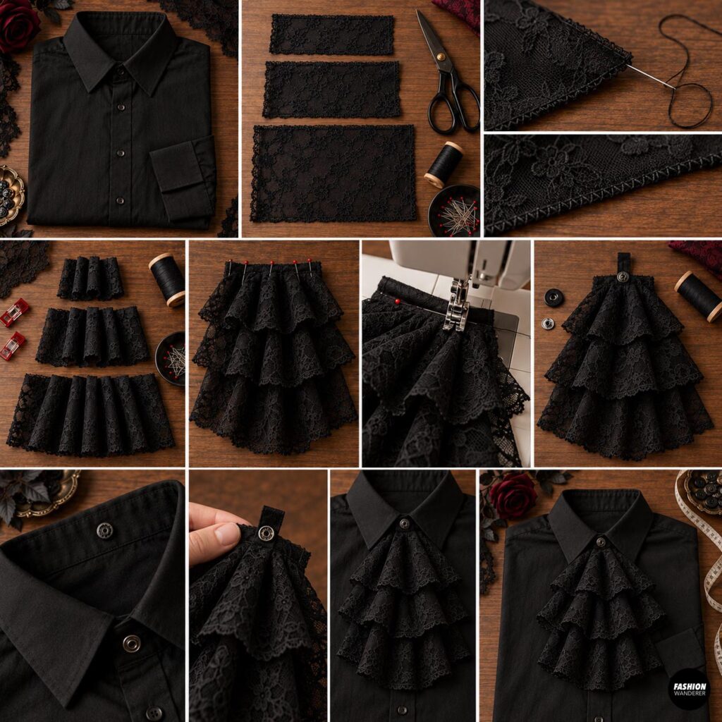 Step-by-step collage showing black lace rectangles gathered, layered, stitched together, and attached to create a removable dramatic vampire jabot for a black shirt.