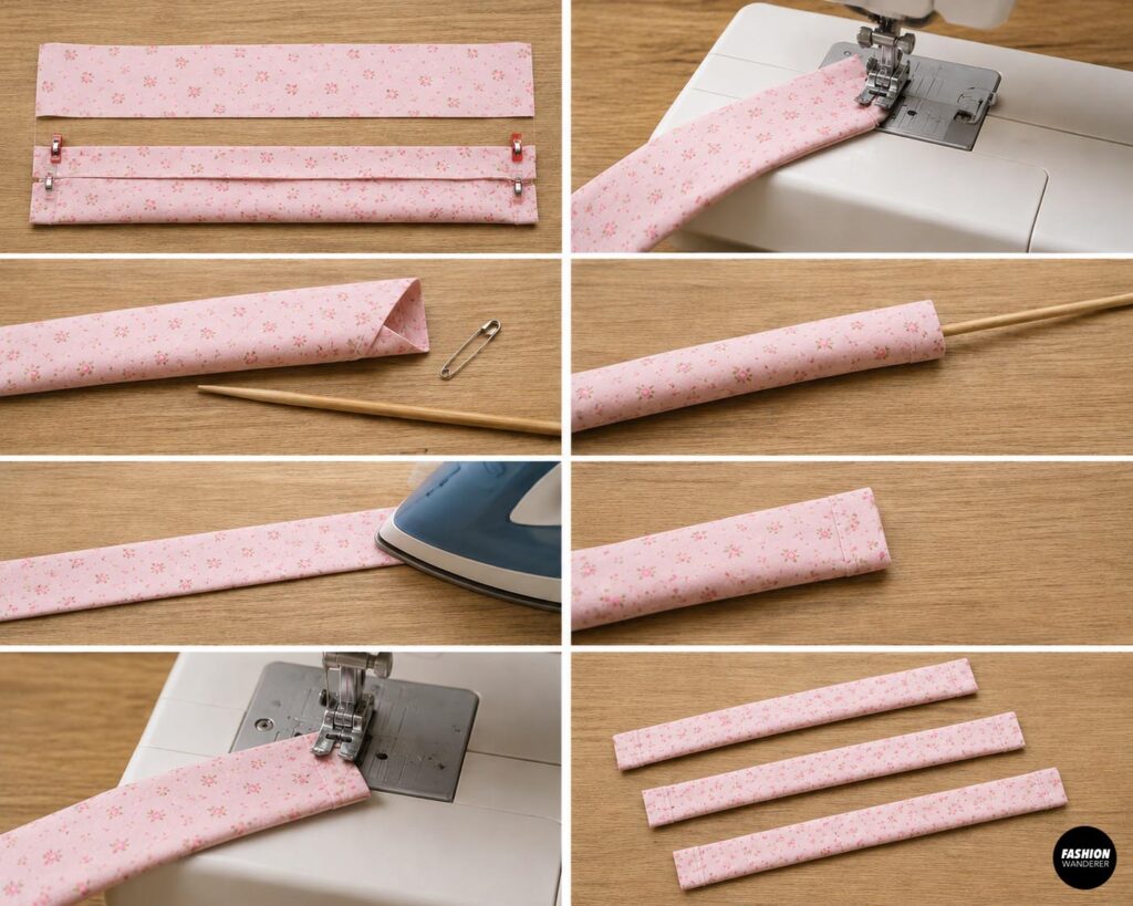 Step-by-step tutorial showing pink floral fabric strips folded, sewn, turned right side out, and pressed to make long bow ties for a quilted tote bag.
