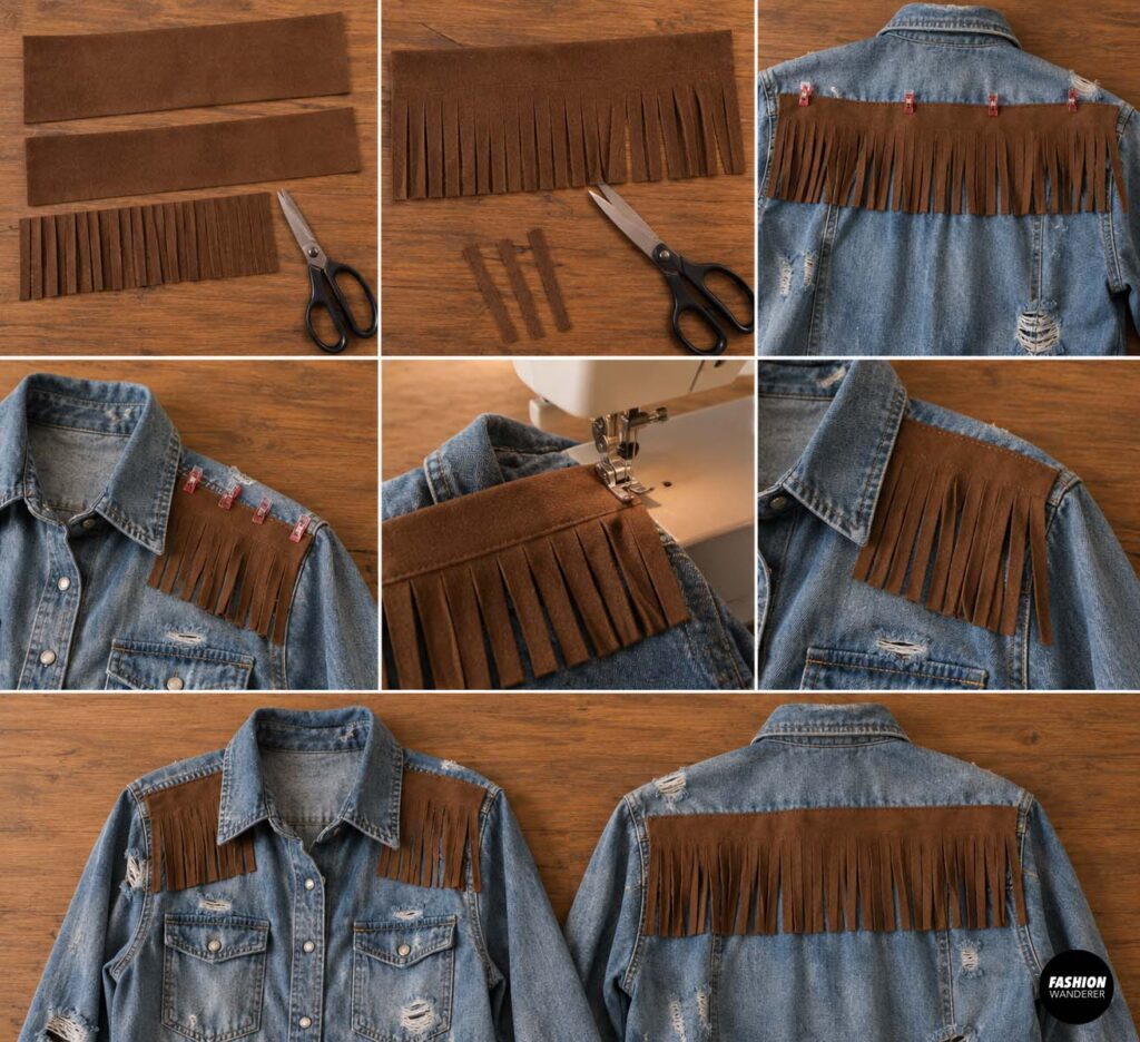Step-by-step tutorial for cutting brown faux suede fringe and sewing it across the shoulders and back of a distressed denim cowboy shirt.