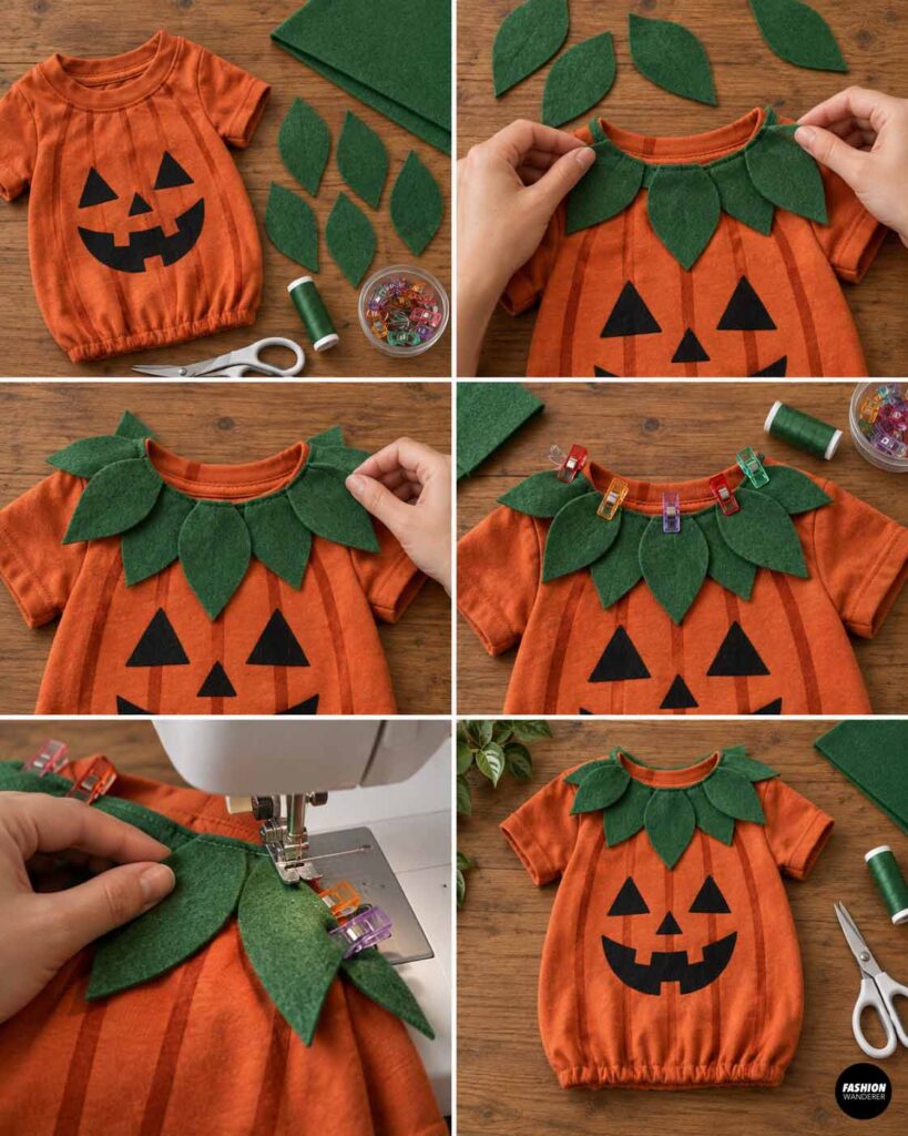 Collage showing the pumpkin costume with jack-o&rsquo;-lantern face, green felt leaf pieces arranged around the neckline, clipped into place, stitched down, and finished as a leafy pumpkin collar.