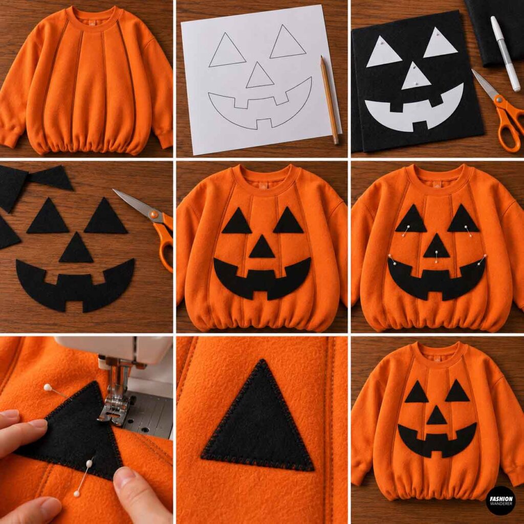 Step-by-step collage showing paper jack-o’-lantern templates used to cut black felt eyes, nose, and mouth before sewing them onto an orange pumpkin sweatshirt.