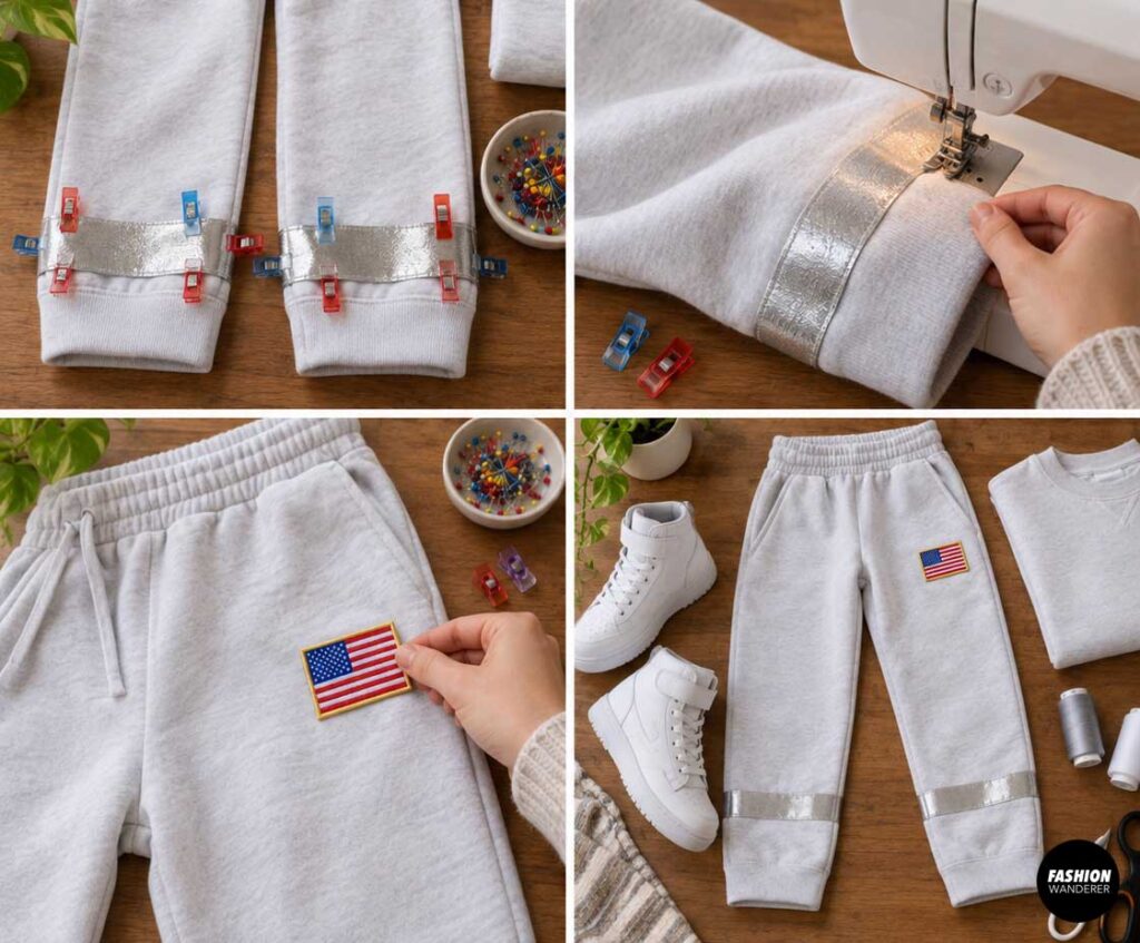Four-photo tutorial showing how to make matching astronaut pants with a flag patch and reflective accent on the bottom of the legs.