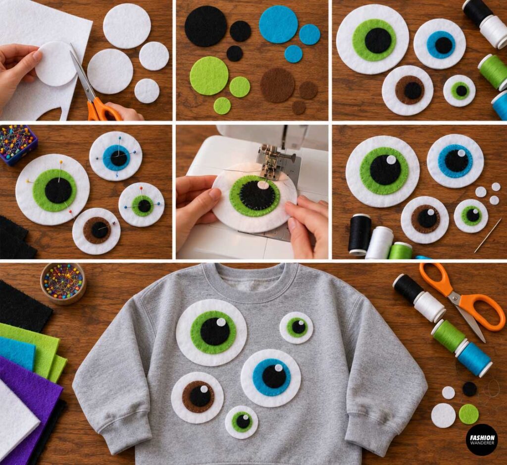 Step-by-step collage showing white, green, blue, brown, and black felt circles cut, layered, pinned, and stitched together to create colorful monster eyes, then arranged on the gray sweatshirt.