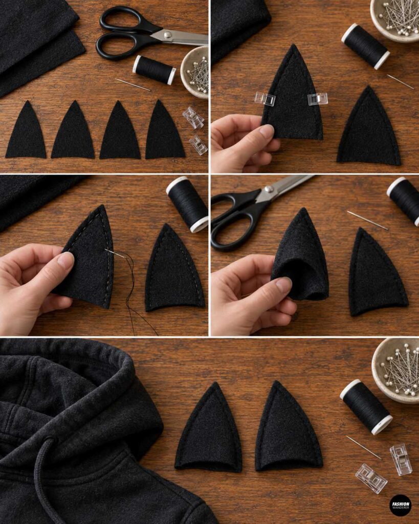 Black fabric pieces cut into pointed ear shapes, clipped together, hand sewn around the edges, turned right side out, and prepared for attachment to the hood.