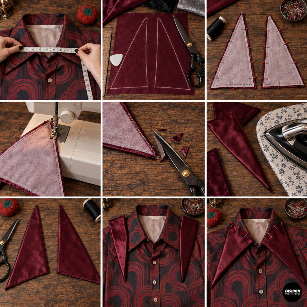 Step-by-step sewing collage showing how to measure the shirt collar, cut burgundy velvet collar extensions, sew the pieces, trim corners, turn, press, and position them on a retro shirt.