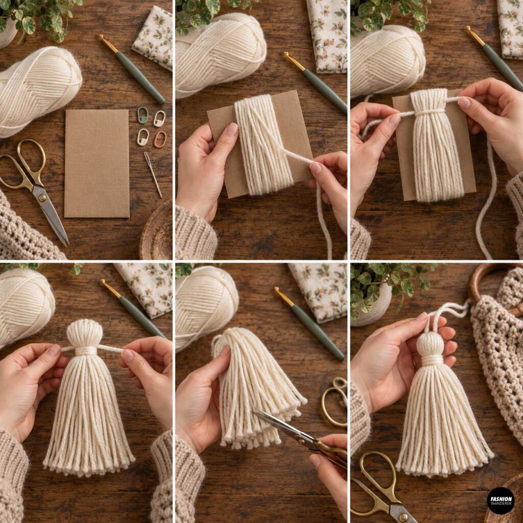 Step-by-step collage showing cream yarn wrapped around cardboard, tied, cut, and shaped into an oversized yarn tassel.