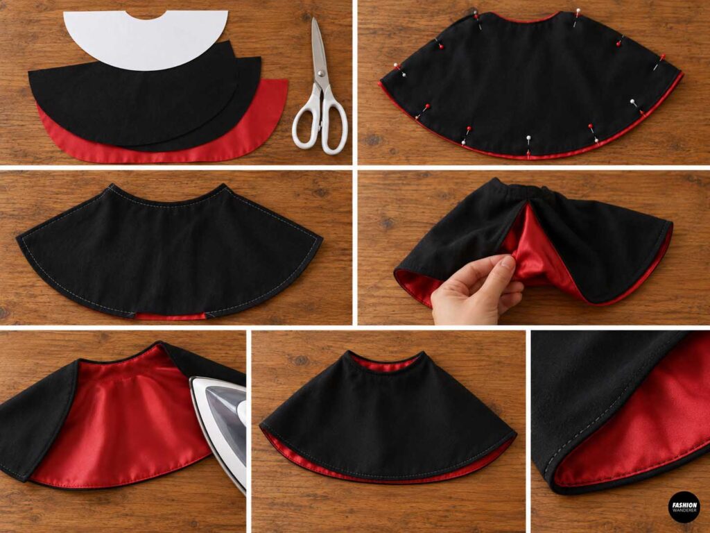Black and red fabric pieces cut into a curved dog vampire cape, pinned right sides together, sewn around the edges, turned, pressed, and topstitched.