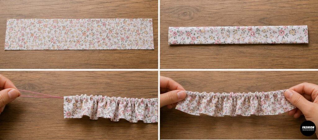 Floral cotton fabric strip folded lengthwise, stitched with long gathering stitches, and gently gathered into a full fabric ruffle for decorating a patchwork zipper pouch.