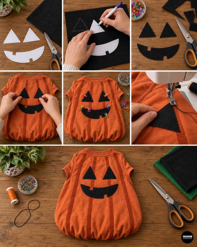 Collage showing paper templates for pumpkin eyes and mouth, tracing them onto black felt, cutting the felt pieces, arranging them on the back of the orange pet costume, clipping them in place, sewing them down, and revealing the finished jack-o&rsquo;-lantern face.