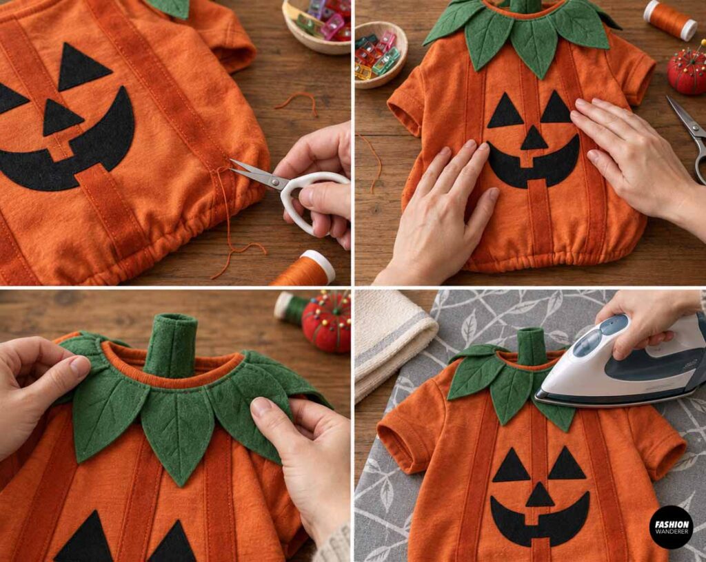 Collage showing close-up finishing steps on the completed pumpkin dog costume, including trimming loose threads, smoothing the costume by hand, adjusting the leafy collar, and pressing the costume with an iron.