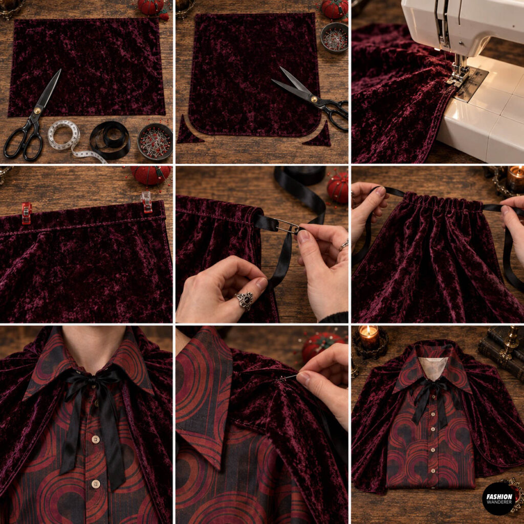 DIY mini vampire cape tutorial showing burgundy velvet cut with rounded corners, sewn with a casing, gathered with black ribbon, and styled over a retro patterned shirt.
