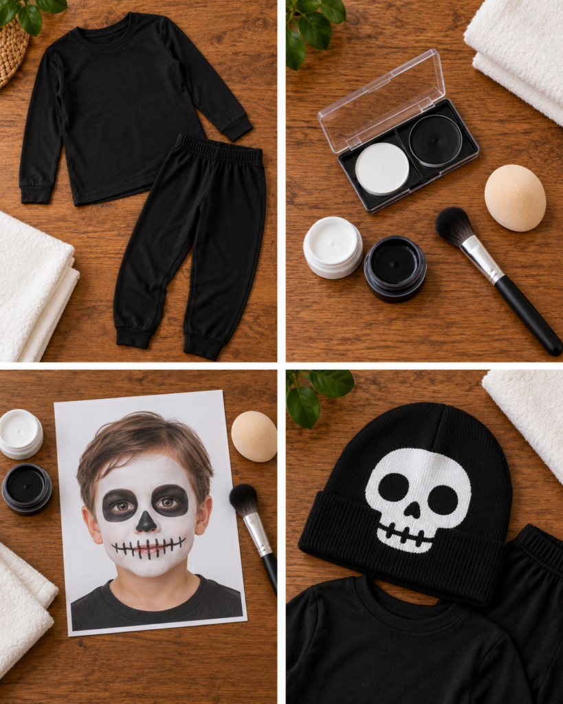 Collage showing black kids&rsquo; pajamas beside simple black-and-white face paint supplies, a skeleton face-paint example, and a black beanie decorated with a white skull.