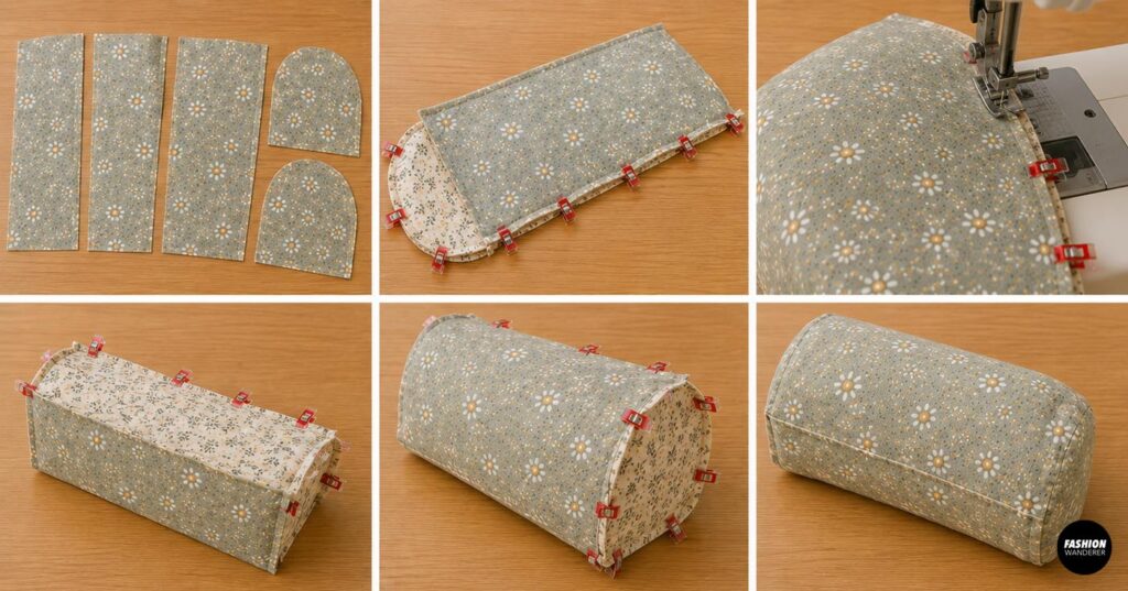 DIY reading pillow tutorial showing floral fabric armrest pieces clipped, sewn by machine, turned right side out, and finished into padded armrest covers.