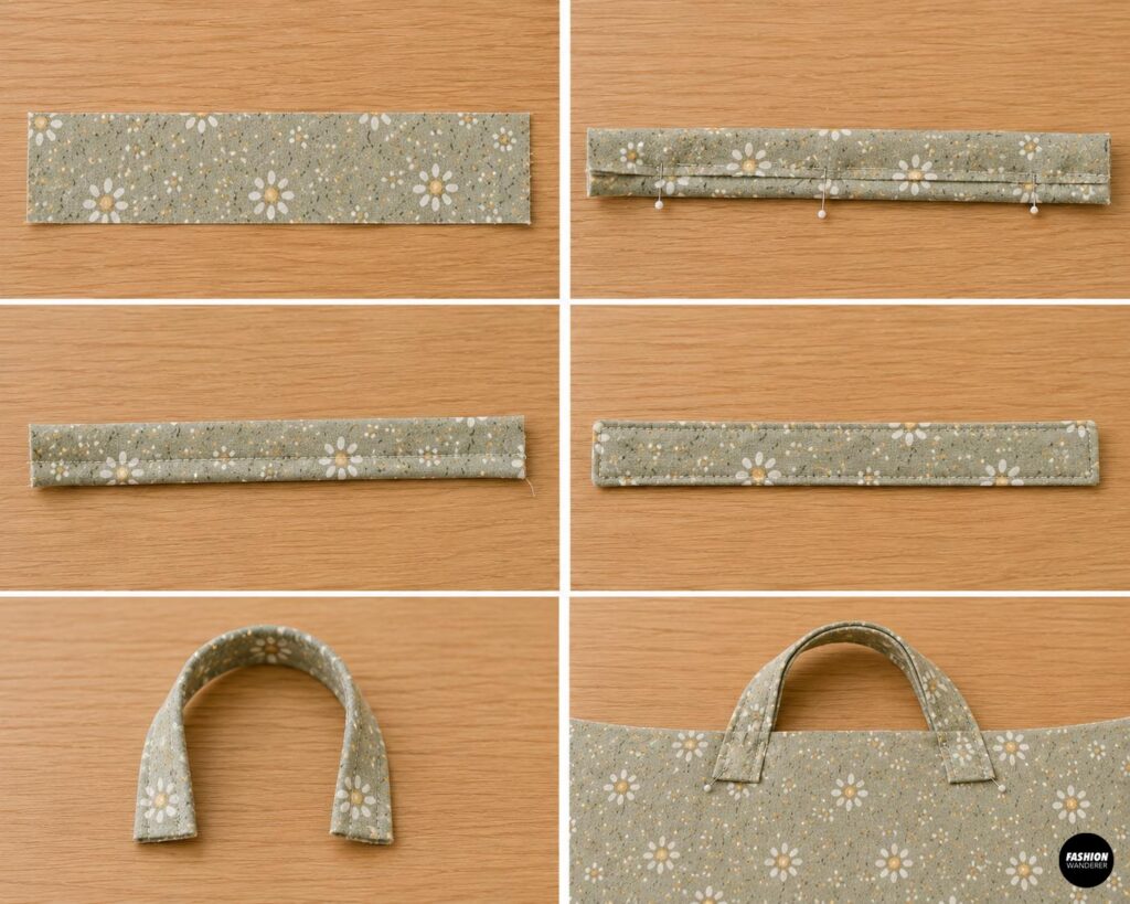 Step-by-step sewing collage showing how to fold, press, topstitch, and attach a floral fabric carrying handle to a handmade reading pillow.