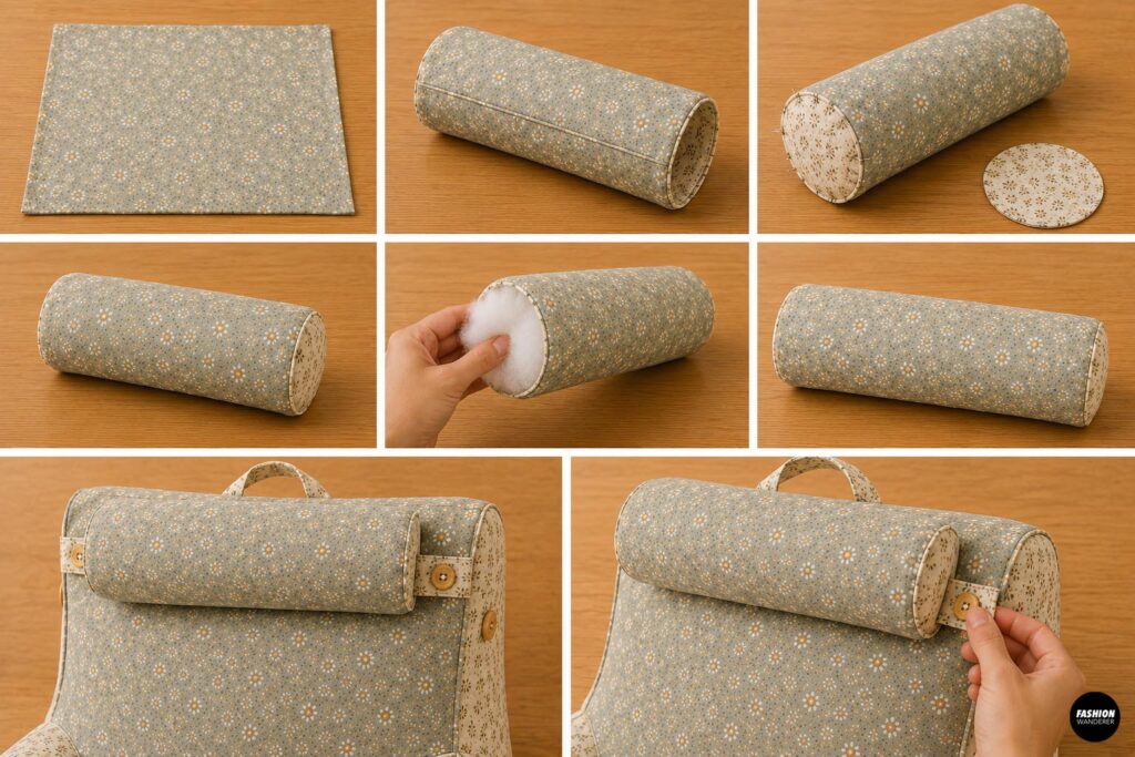 DIY reading pillow tutorial showing floral fabric sewn into a cylindrical headrest, stuffed with fiberfill, finished with round end panels, and attached with button tabs.