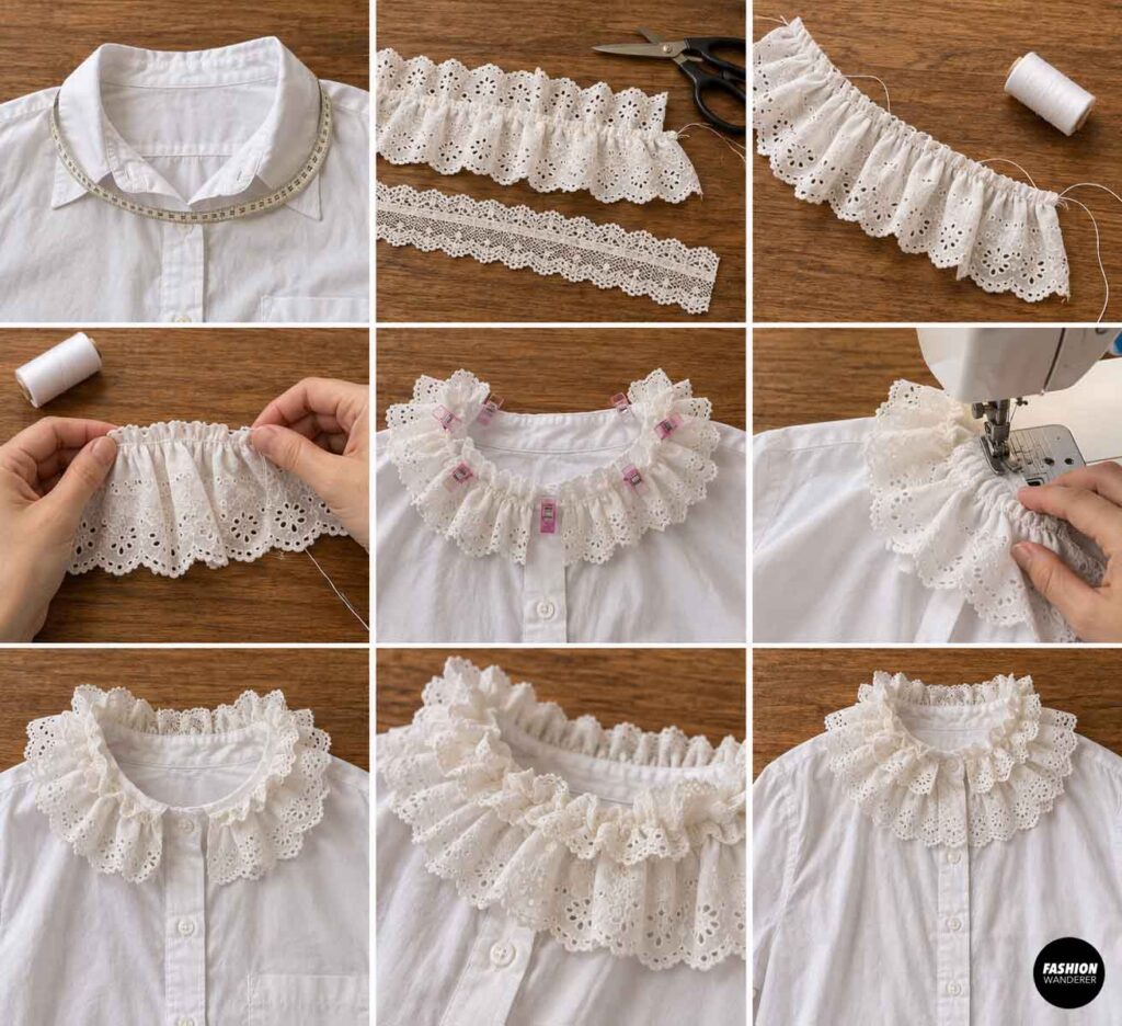 White eyelet lace gathered into a ruffled collar and pinned and sewn around the neckline of a white button-up shirt for a Victorian-inspired look.