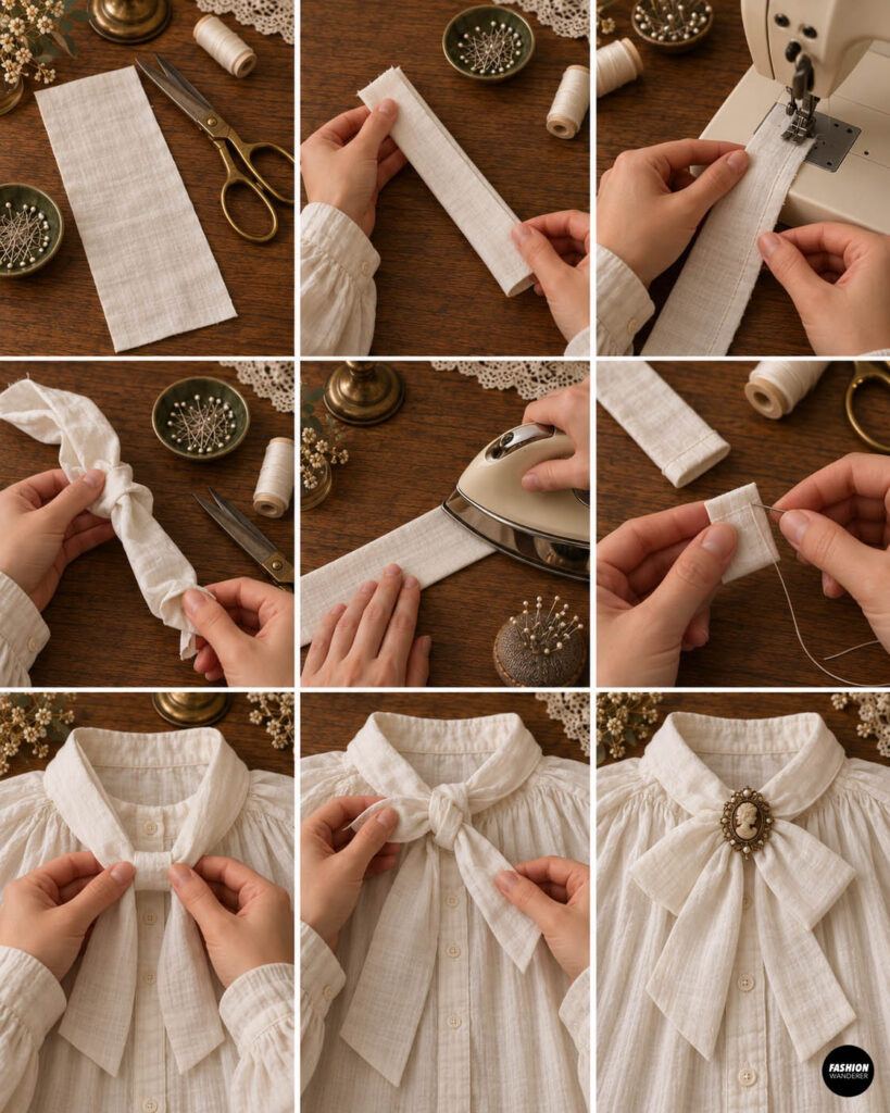 DIY fabric cravat tutorial showing a cream fabric strip folded, sewn, turned, pressed, tied around the shirt collar, and finished with a vintage cameo brooch.