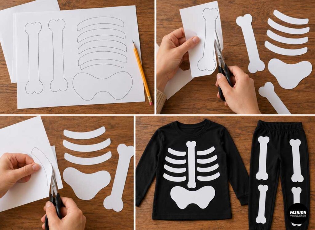 Step-by-step collage showing skeleton bones, ribs, and pelvis shapes drawn on white paper, cut out with scissors, and arranged over a black pajama top and pants.
