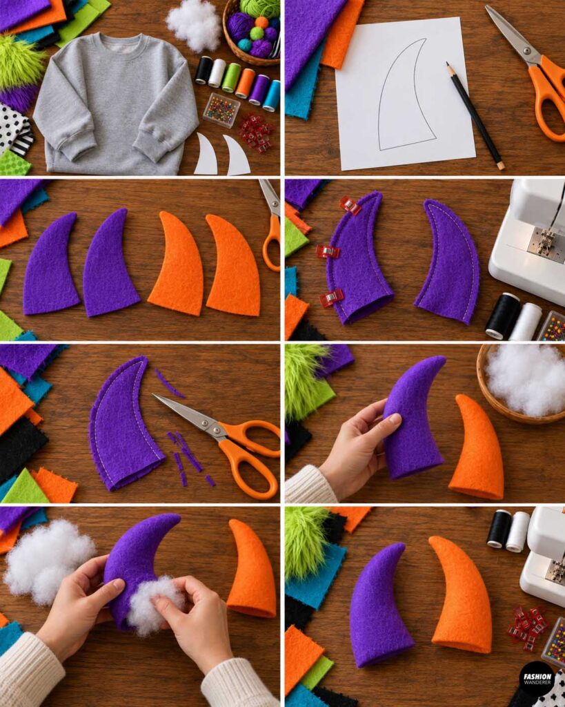 Purple and orange felt pieces are cut from a curved horn template, sewn together, trimmed, turned right side out, and lightly stuffed with fiberfill to create soft dimensional monster horns.