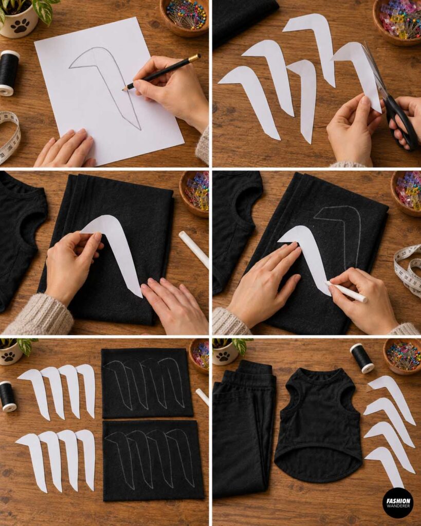 Step-by-step collage showing a curved spider-leg shape being drawn on paper, cut into templates, traced onto folded black fabric, and prepared for cutting.