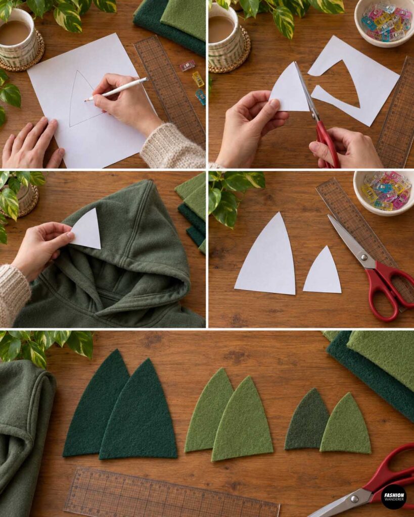 Paper triangle and curved spike templates are drawn, cut out, tested against the hoodie, and used to create different sizes of dinosaur spikes.