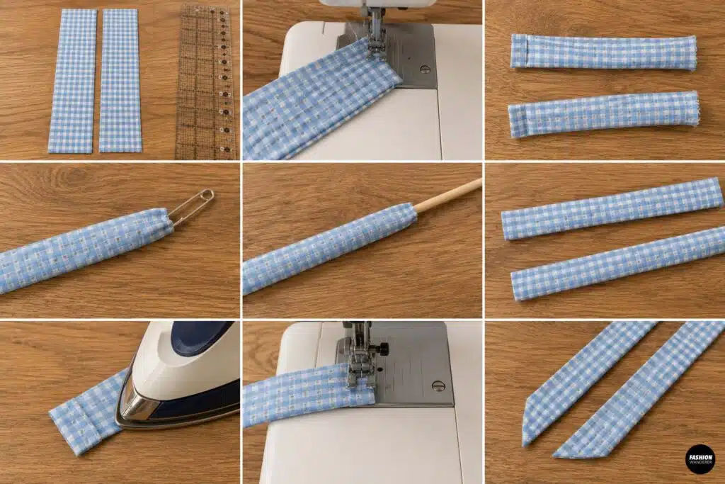 Sewing tutorial collage showing blue gingham fabric strips folded, stitched, turned right side out, pressed, topstitched, and shaped with angled ends to create fabric bow ties.