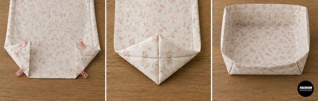 DIY tote bag sewing tutorial showing floral lining pieces with bottom corners folded and clipped to create a structured boxed-bottom lining.