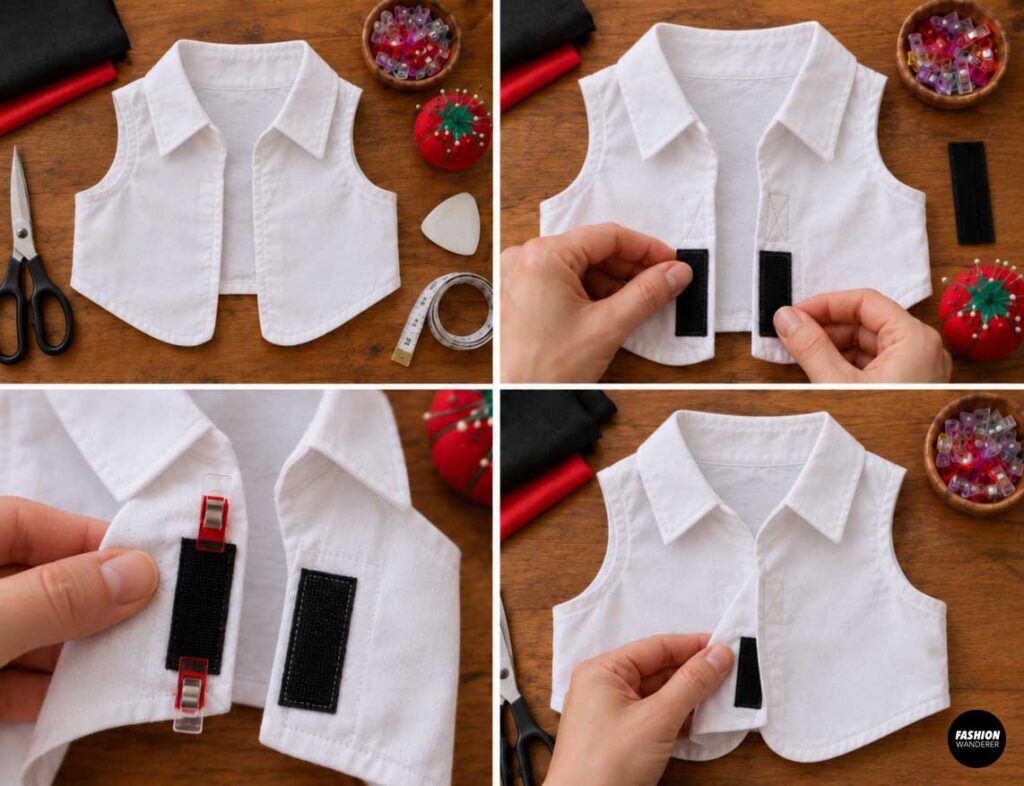White upcycled dog shirt vest with black hook-and-loop strips positioned, clipped, and attached along the front opening for an adjustable costume closure.