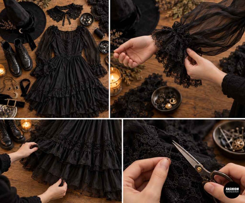 Finished black modern witch dress with sheer puff sleeves, lace cuffs, layered ruffled skirt, and gothic accessories being checked for final fit and finishing details.
