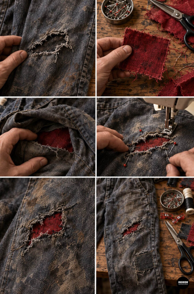 Close-up tutorial showing a red fabric patch placed behind a torn hole in a distressed mechanic jumpsuit and stitched in place for an undead repair effect.
