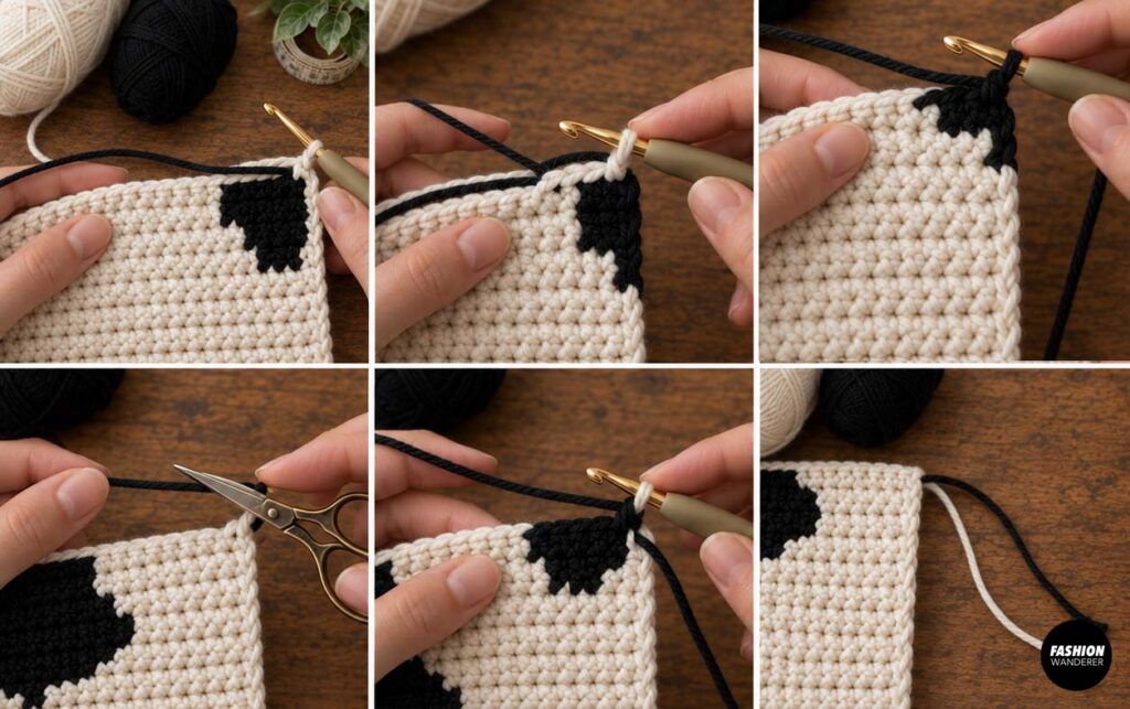 Step-by-step crochet collage demonstrating black and cream yarn color changes, cutting yarn, and leaving tails while creating a cow print bag panel.