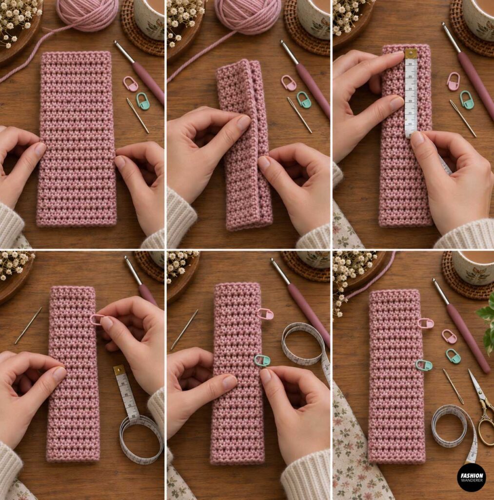 Step-by-step collage showing a pink crochet rectangle folded and measured with stitch markers placed to mark the thumb opening.
