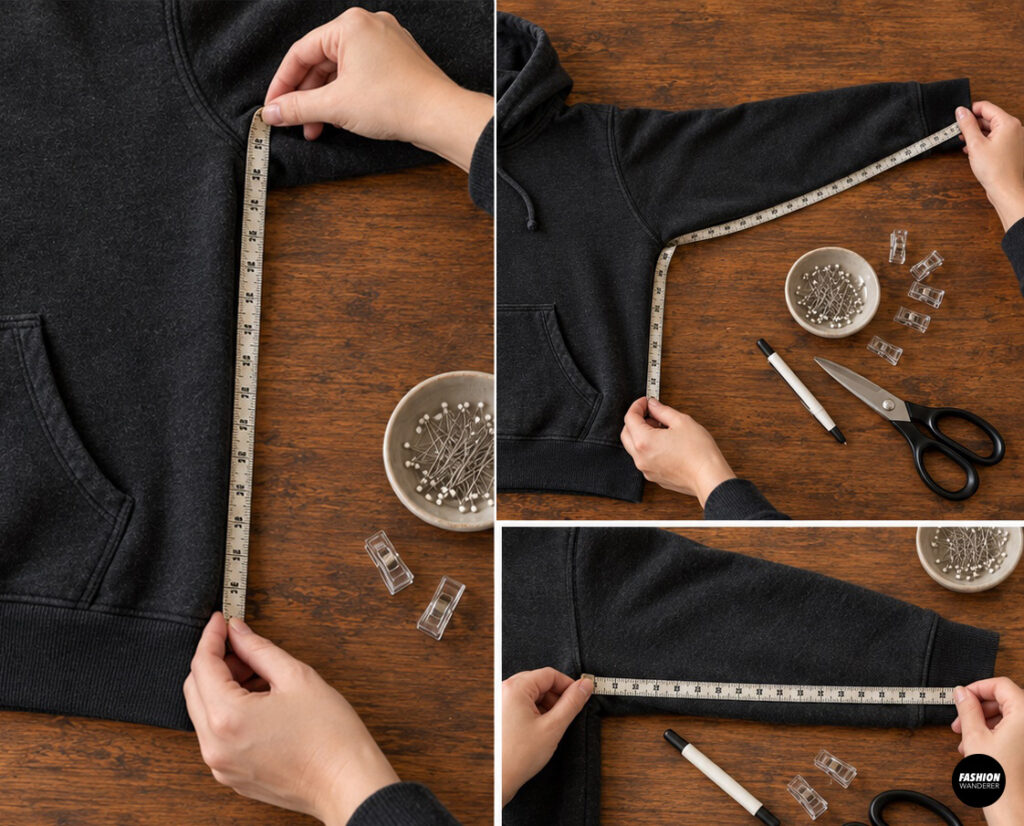 Measuring tape placed along the side and underside of a black hoodie sleeve to determine the size and placement for the bat wing panels.