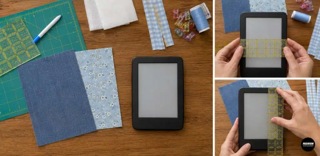 DIY quilted Kindle sleeve tutorial showing blue fabrics, batting, sewing supplies, and a ruler measuring the width and height of an e-reader to determine the sleeve size.