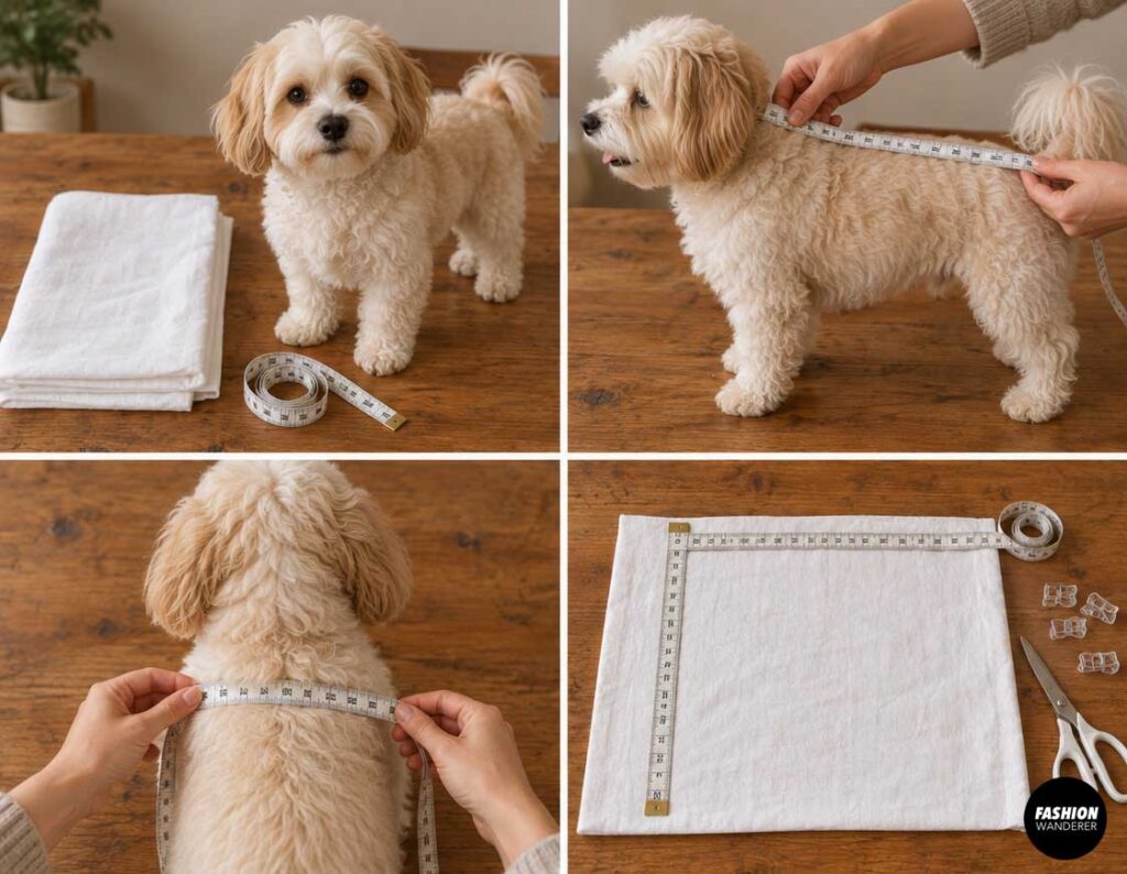 Collage showing a small fluffy dog beside white fabric while measuring its back length and chest circumference with a flexible tape measure before making a no-sew ghost costume.