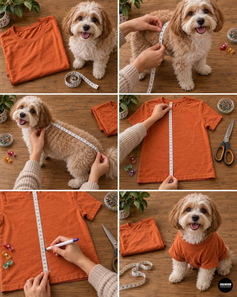Collage of a small fluffy cream-and-tan dog beside an orange T-shirt, with hands measuring the dog&rsquo;s chest and back length, measuring the shirt, marking the shirt length, and showing the dog wearing the shirt as a fit test.