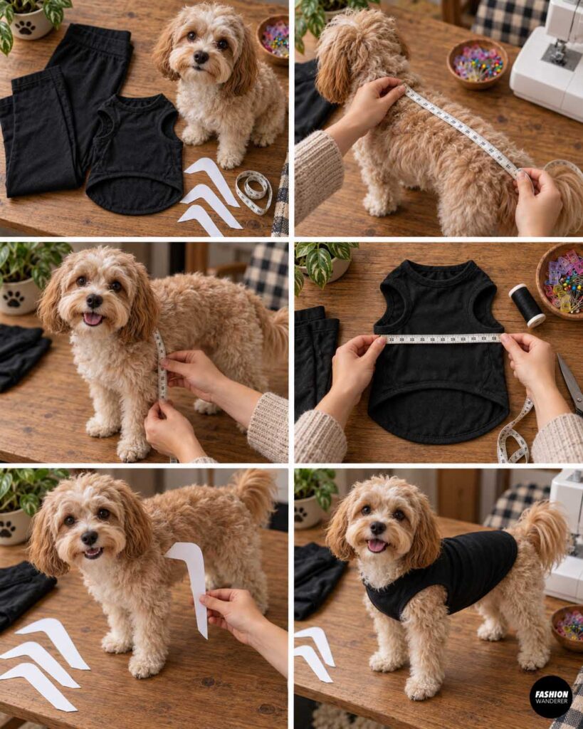 Collage showing a small dog being measured along the back, around the chest, and beside a black pet shirt to determine sizing for a DIY spider costume made from old leggings.