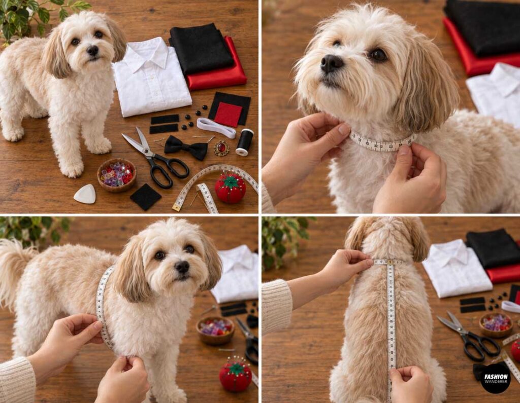 Small fluffy dog beside an old white men&rsquo;s shirt and vampire costume supplies while measuring tape is used to measure the dog&rsquo;s neck, chest, and back length for a DIY dog vampire costume.