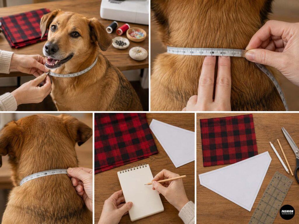 Collage showing a brown dog having its neck measured with a flexible measuring tape to determine the correct size for a DIY reversible dog bandana.