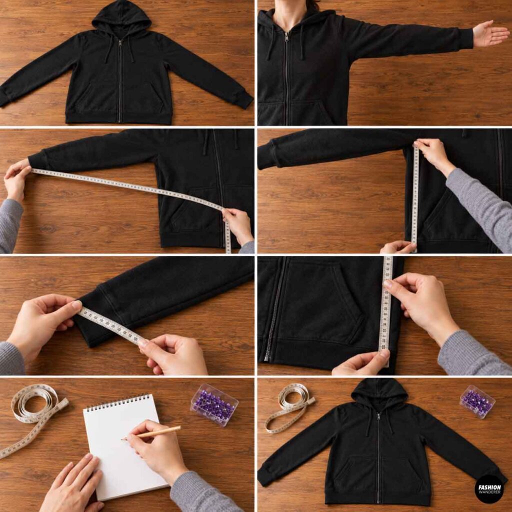 Measuring a black hoodie sleeve, side seam, cuff, and torso with measuring tape to determine the size for DIY fabric bat wings.