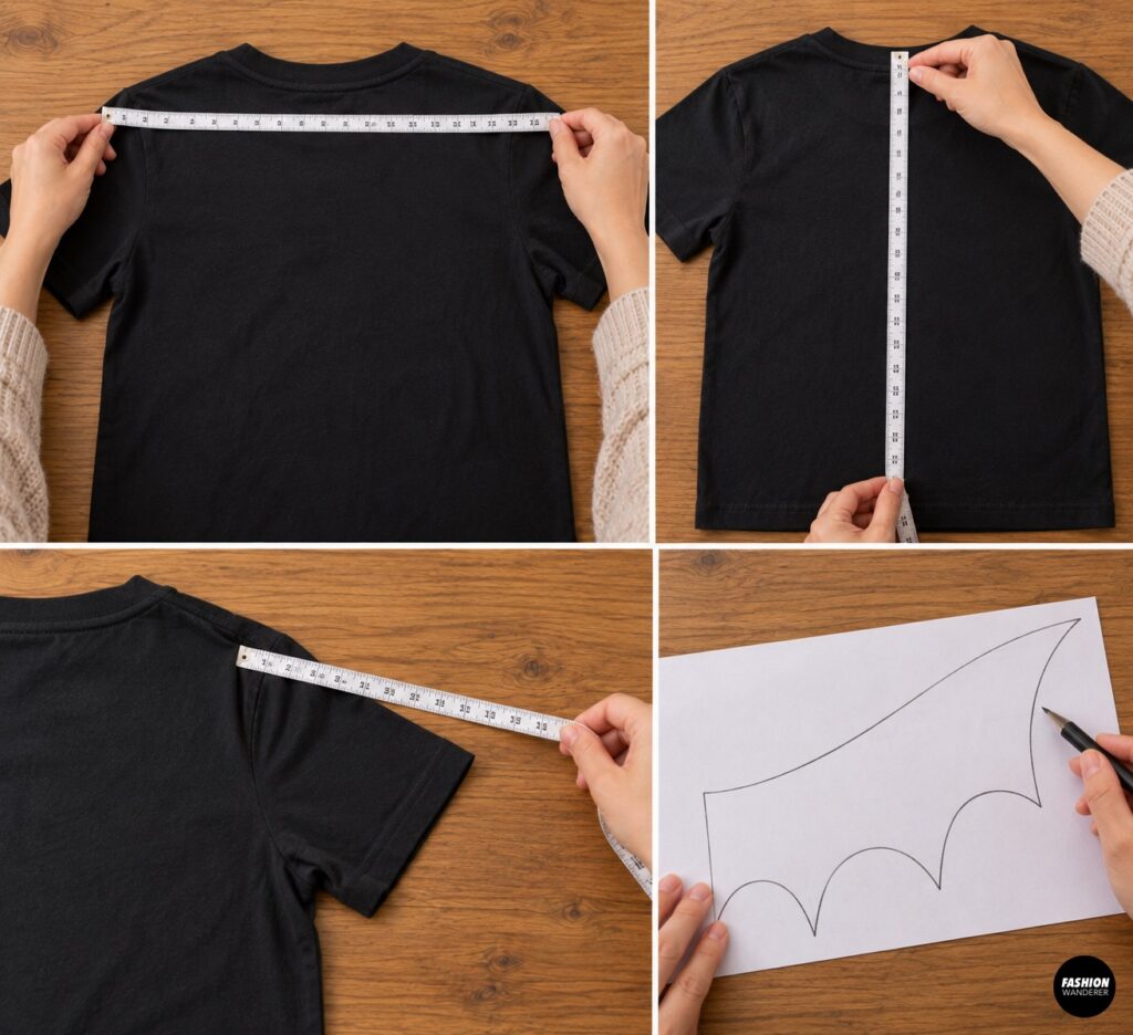 Collage showing measurements taken across the back, down the shirt, and along the shoulder area of a black T-shirt, plus a hand-drawn bat wing design on paper.