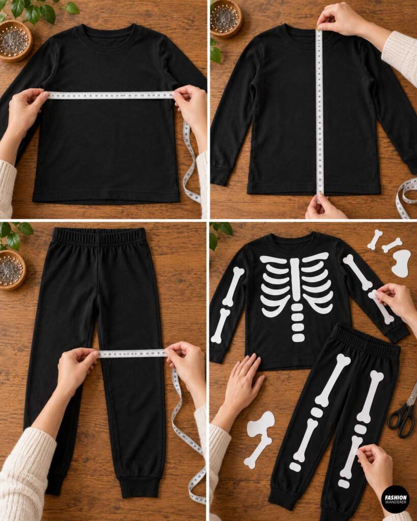 Measuring tape used across the black pajama shirt chest, down the shirt length, and across the pant legs to size the skeleton bone pieces before cutting.