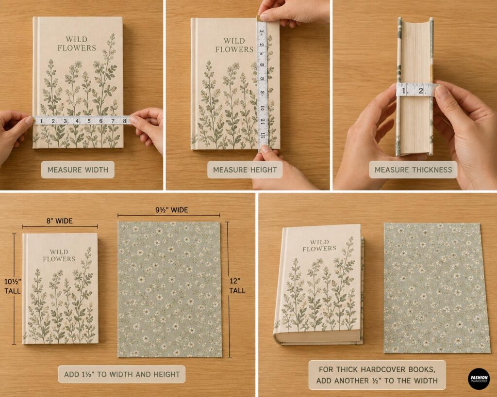 How to measure book width, height, and thickness for a DIY reusable fabric book sleeve sewing project.