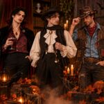 Five men modeling DIY Halloween upcycle costumes including a zombie mechanic, disco vampire, Victorian ghost gentleman, undead cowboy, and modern vampire in a moody candlelit Halloween setting with pumpkins and lanterns.