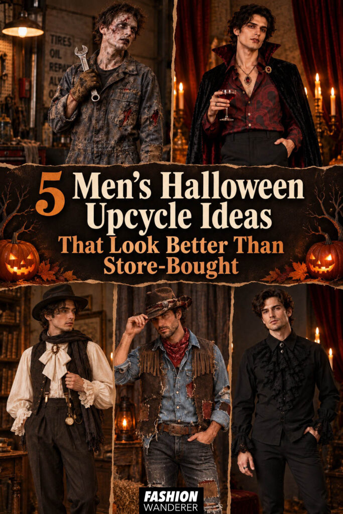 Pinterest pin featuring five men’s Halloween upcycle costume ideas, including a zombie mechanic, disco vampire, Victorian ghost gentleman, undead cowboy, and modern vampire, with the title “5 Men’s Halloween Upcycle Ideas That Look Better Than Store-Bought.”