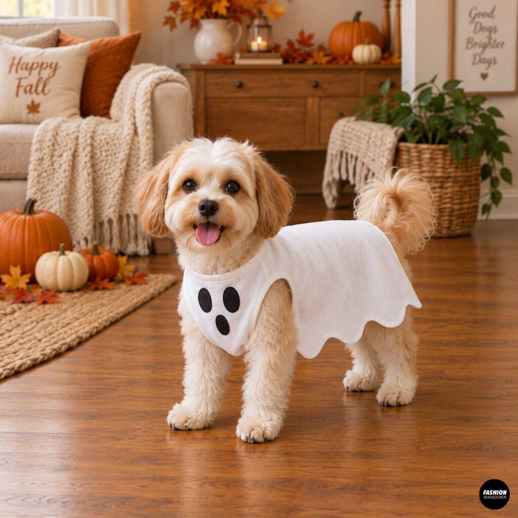 Small fluffy dog wearing a simple white DIY ghost costume with scalloped edges and three black felt ghost-face appliqu&eacute;s, surrounded by pumpkins and warm autumn decorations.