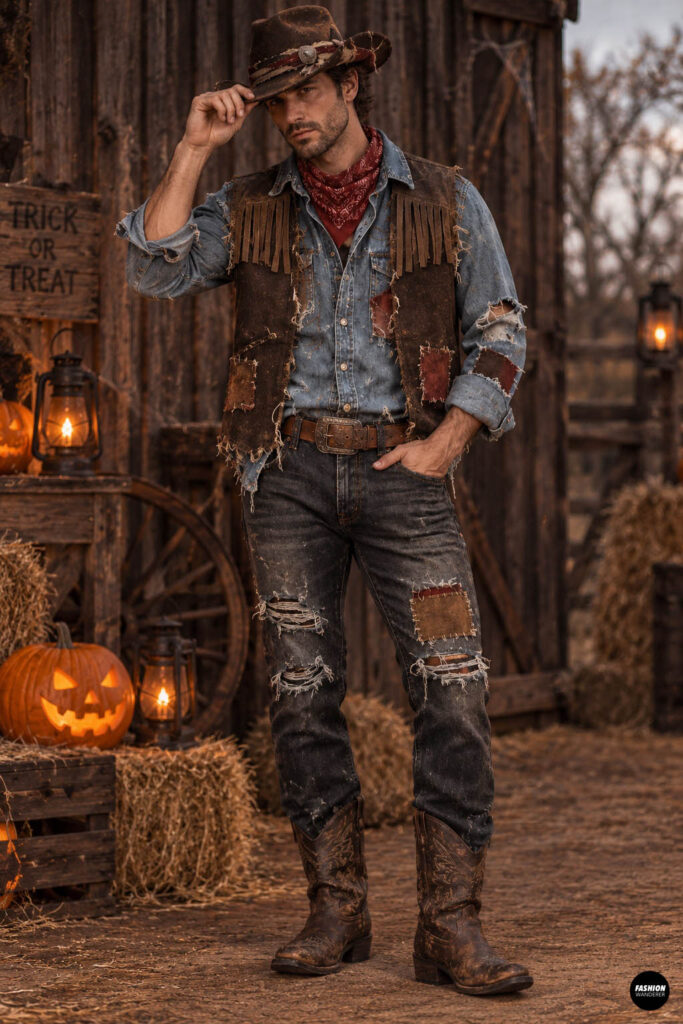 Man wearing a DIY undead cowboy Halloween costume made from a distressed denim shirt, patched brown fringe vest, ripped jeans, red bandana, weathered cowboy hat, leather belt, and worn cowboy boots.